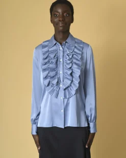 La Piscine Paris Chemisier en satin bleu clair à volants P.A.R.O.S.H*Femme Chemisiers & Blouses