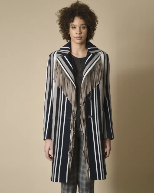 La Piscine Paris Manteau en laine mélangé à rayures et franges en daim Mouche*Femme Manteaux
