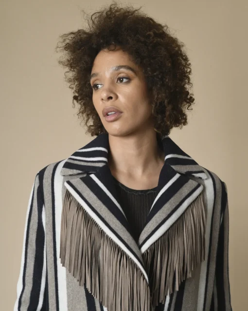 La Piscine Paris Manteau en laine mélangé à rayures et franges en daim Mouche*Femme Manteaux