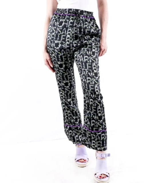 La Piscine Paris Pantalon façon pyjama en satin à motifs logo fleuri Isabelle Blanche*Femme Pantalons