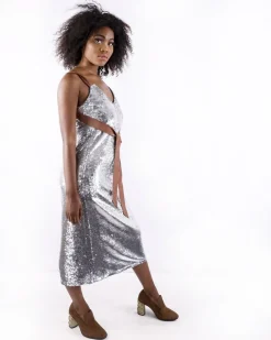 La Piscine Paris Robe argent à sequins à galons camel Isabelle Blanche*Femme Robes