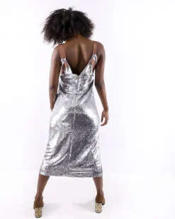 La Piscine Paris Robe argent à sequins à galons camel Isabelle Blanche*Femme Robes