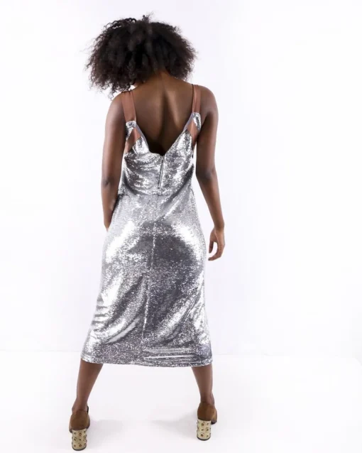 La Piscine Paris Robe argent à sequins à galons camel Isabelle Blanche*Femme Robes