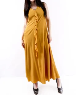 La Piscine Paris Robe longue en soie moutarde à épaule smockée Les Copains*Femme Robes