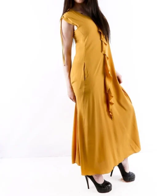 La Piscine Paris Robe longue en soie moutarde à épaule smockée Les Copains*Femme Robes