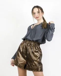 La Piscine Paris Short oversize en simili lamé bronze Nude*Femme Shorts