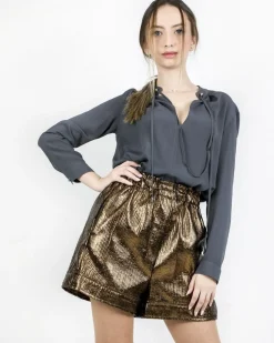 La Piscine Paris Short oversize en simili lamé bronze Nude*Femme Shorts