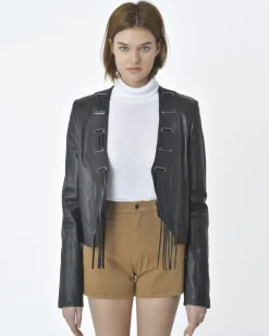 La Piscine Paris Veste cuir col à franges Annarita N*Femme Blousons & Vestes