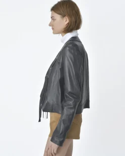 La Piscine Paris Veste cuir col à franges Annarita N*Femme Blousons & Vestes